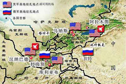 Sơ đồ căn cứ quân sự của Mỹ và Nga ở khu vực Trung Á.